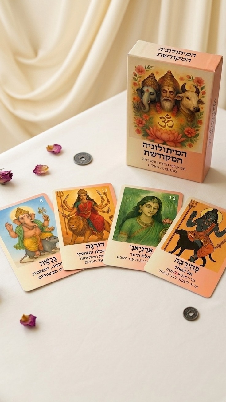 קופסת קלפי המיתולוגיה המקודשת לצד ארבעה קלפים פתוחים, גנשה דורגה אראניאני ובהיירבה, על מפת שולחן עם ורדים ומטבעות