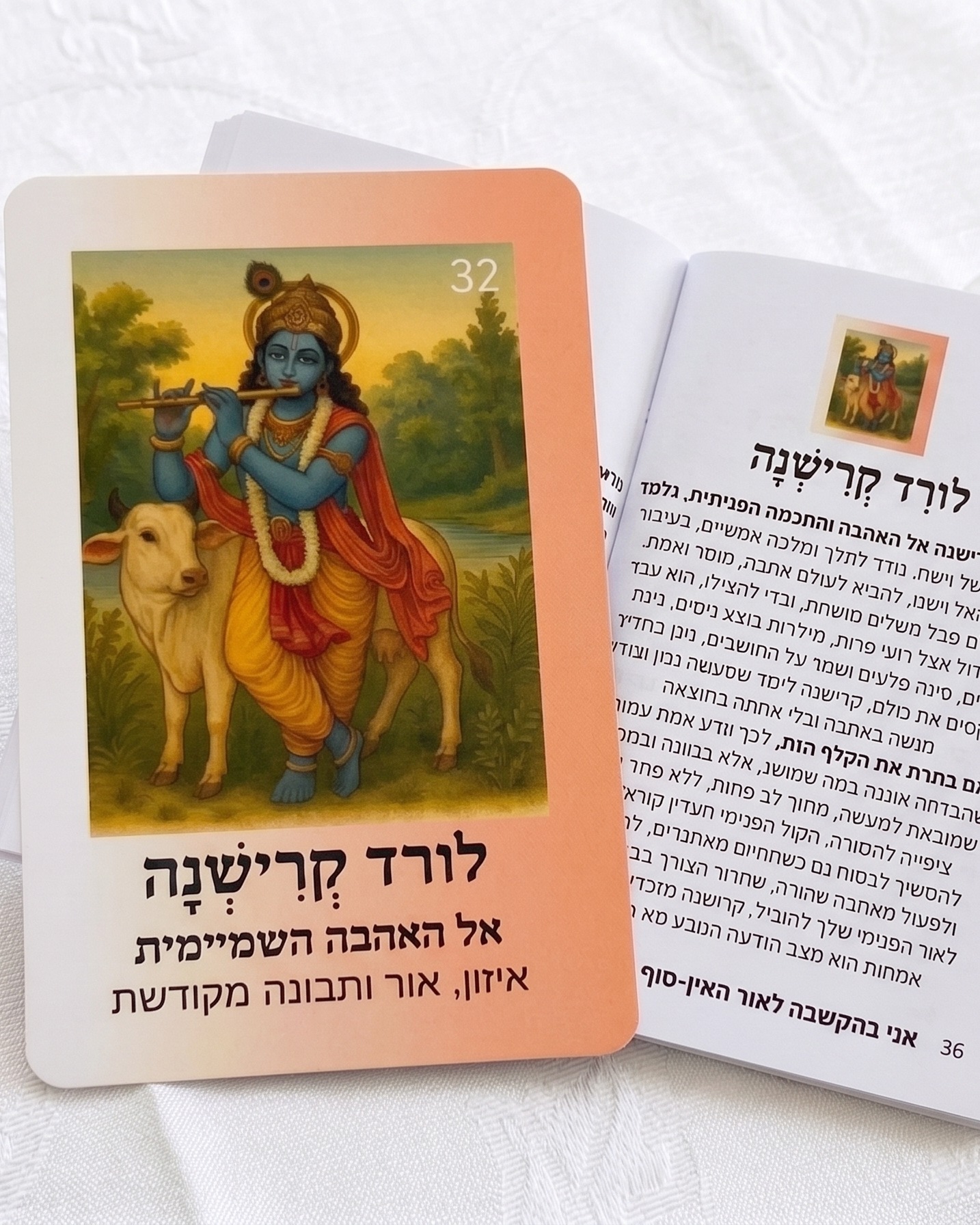חוברת ההסבר פתוחה לצד קלף לורד קרישנה, עם הסבר מלא ומנטרה